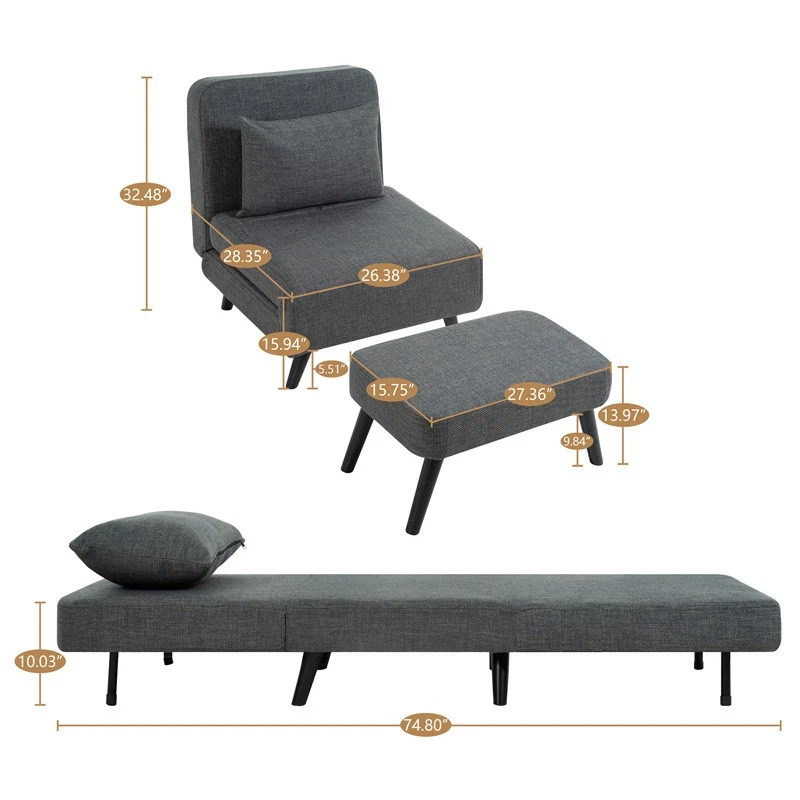 Chaise Lounge Plegable 3 en 1 de Lino con Respaldo Ajustable, Reposapiés y Almohada Foto 2 de 4