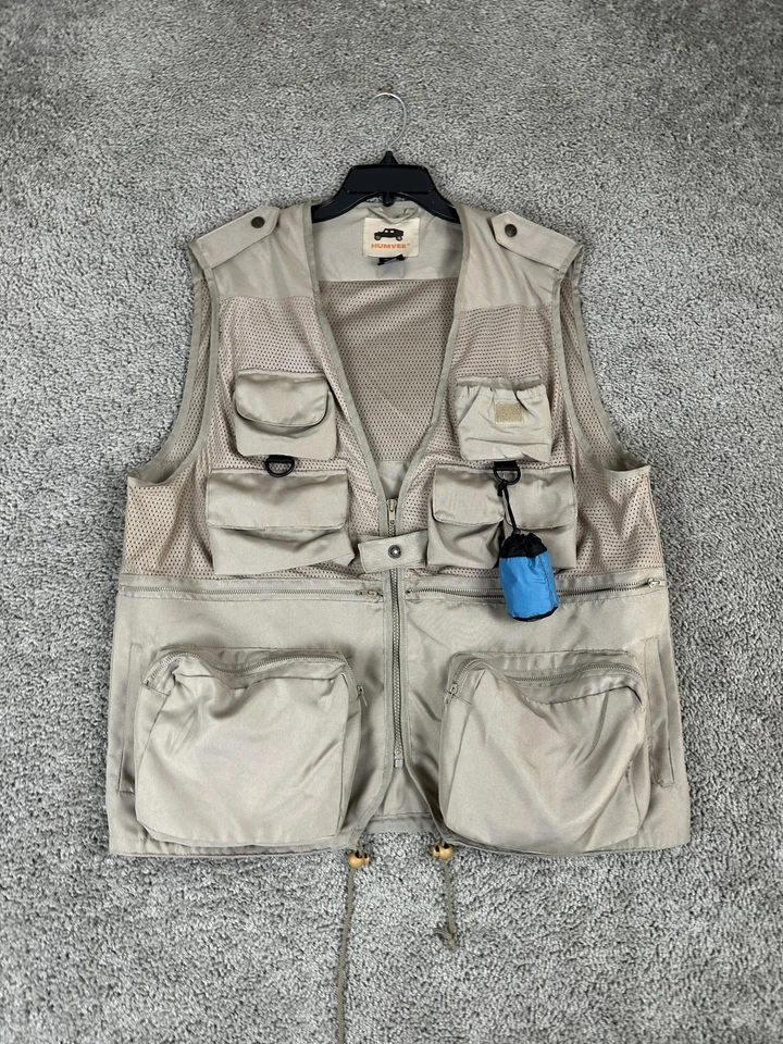 Humvee Fishing Vest Mens Large Khaki Mesh Multi Pocket Safari Travel Outdoor - Image 2 of 4