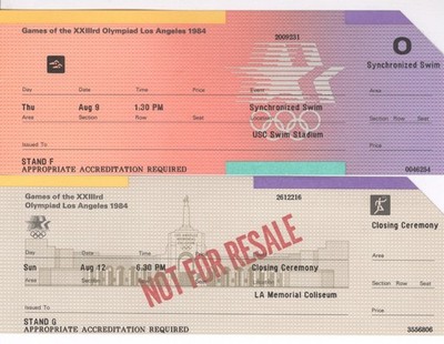 2 Unused Tickets: 1984 Summer Olympics 1 Synchronized Swim & 1 Closing Ceremony