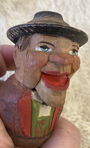 Vintage ANRI Wooden Cork Bottle Stopper Hand Carved Moving Mouth Man Black Hat