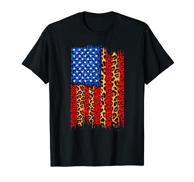USA  Leopard Print Cheetah American Flag 4th Of July Independence T-Shirt