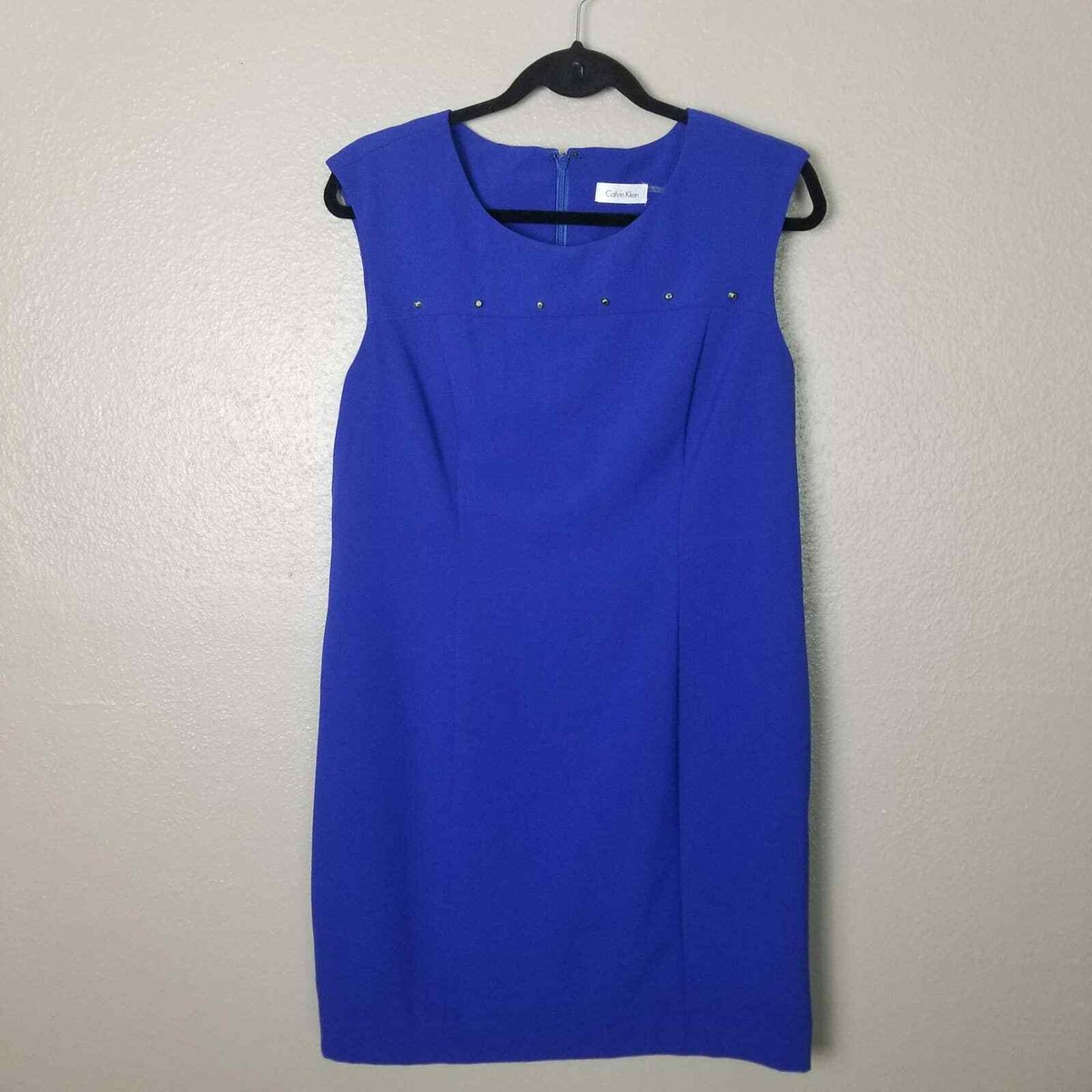 Calvin Klein Women's Bright Blue Shift Dress w/ Gold Bead Embellishment 10  | eBay