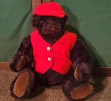 Vintage Black Teddy Bear Jointed Poseable Arms Legs Red Vest Hat 16.5''