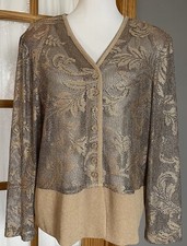 Vtg 70s Special Thyme Floral Cardigan 16W Metallic Beige Knit USA Made Career