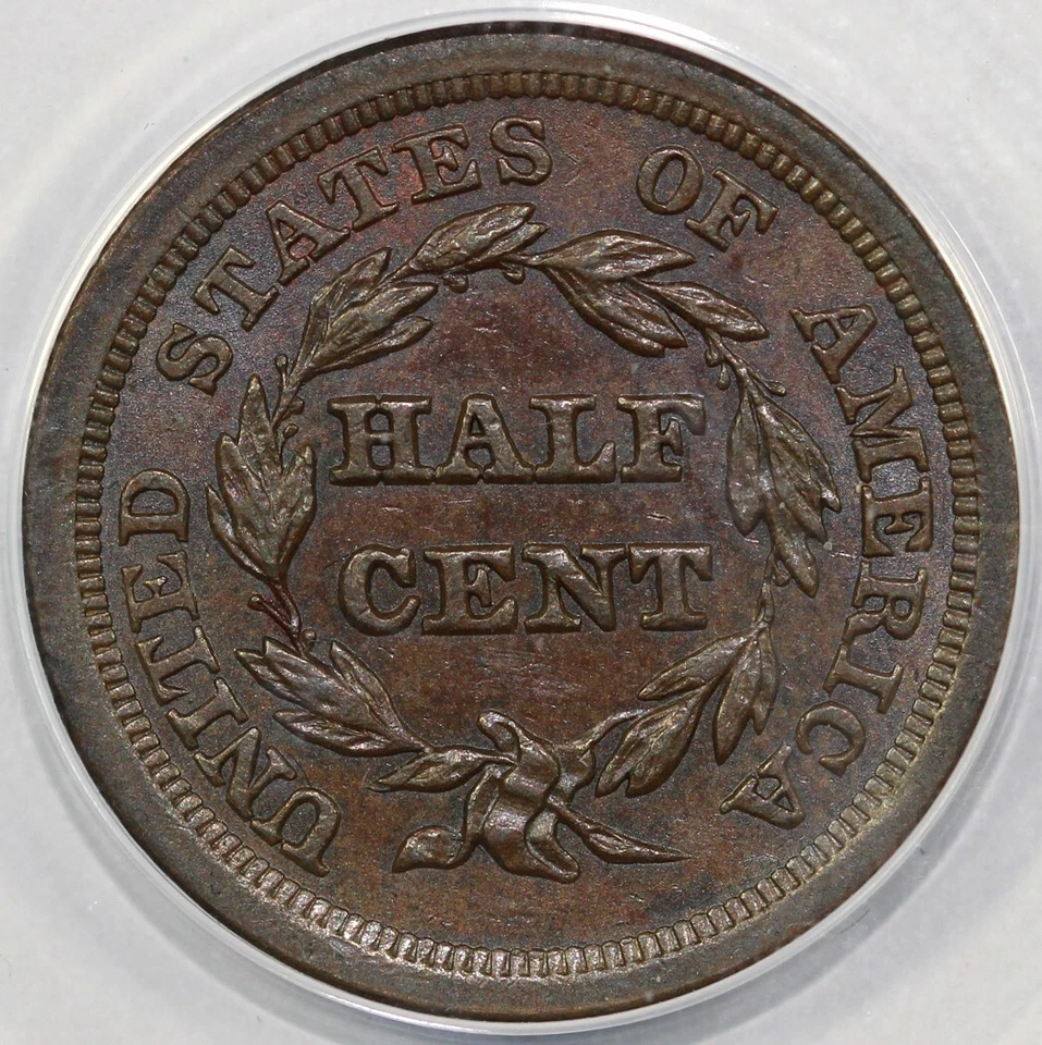 1854 1/2c Braided Hair Half Cent ANACS AU 55 Details Struck Through Debris - Image 3 of 4