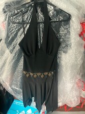 NEW women medium black halter dress stretchy w/ designs on waist