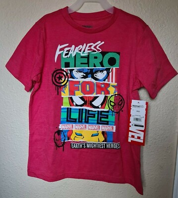 Marvel Fearless Hero For Life Boys Red T-Shirt Size M (8) BRAND NEW