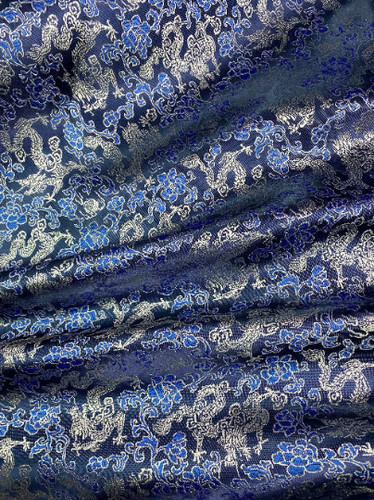Dragon Floral Faux Silk Brocade Fabric Material 36"W by the yard - Blue & Silver