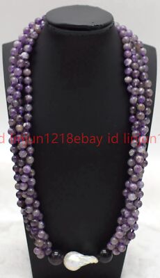 4 Reihen 4 mm Lila Amethyst Runde Edelsteine Perlen Weiß Barock Perlenkette 16-24 Zoll
