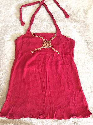 INDOMARIO ETNIC HALTER TOP W IVORY WOOD BEADS SZ L/XL RED