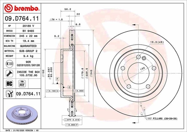 2X Brembo 09.D764.11 Bremsscheibe FüR MERCEDES-BENZ-image