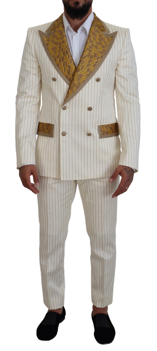 DOLCE & GABBANA Suit Off White Gold Striped Tuxedo Slim Fit EU48