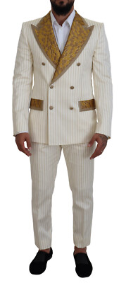 DOLCE & GABBANA Suit Off White Gold Striped Tuxedo Slim Fit EU48