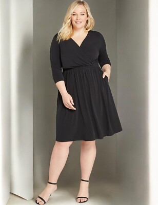 Lane Bryant Plus Size 26/28 Black 3/4-Sleeve Surplice Fit & Flare Dress NWT  | eBay