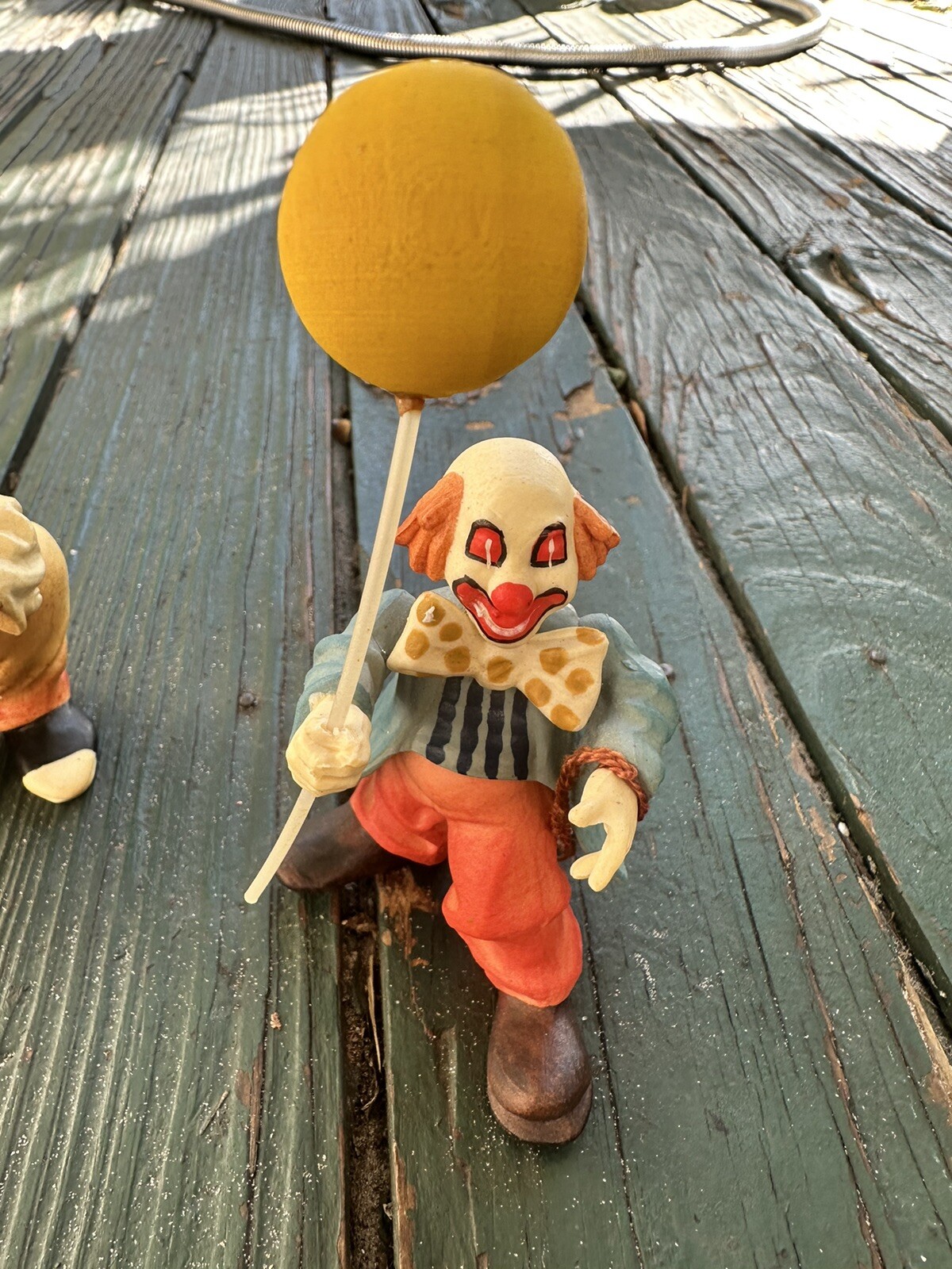 Anri wood handcrafted toriart clown figurine w/yellow Balloon Lot Of Two