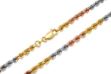 14k Gold Tri-color Solid Rope Chain 4mm Twist Link Necklace Size 16"-26"