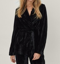 Womens New Black Wrap Waist Crushed Velvet Suit Blazer Size Uk 14