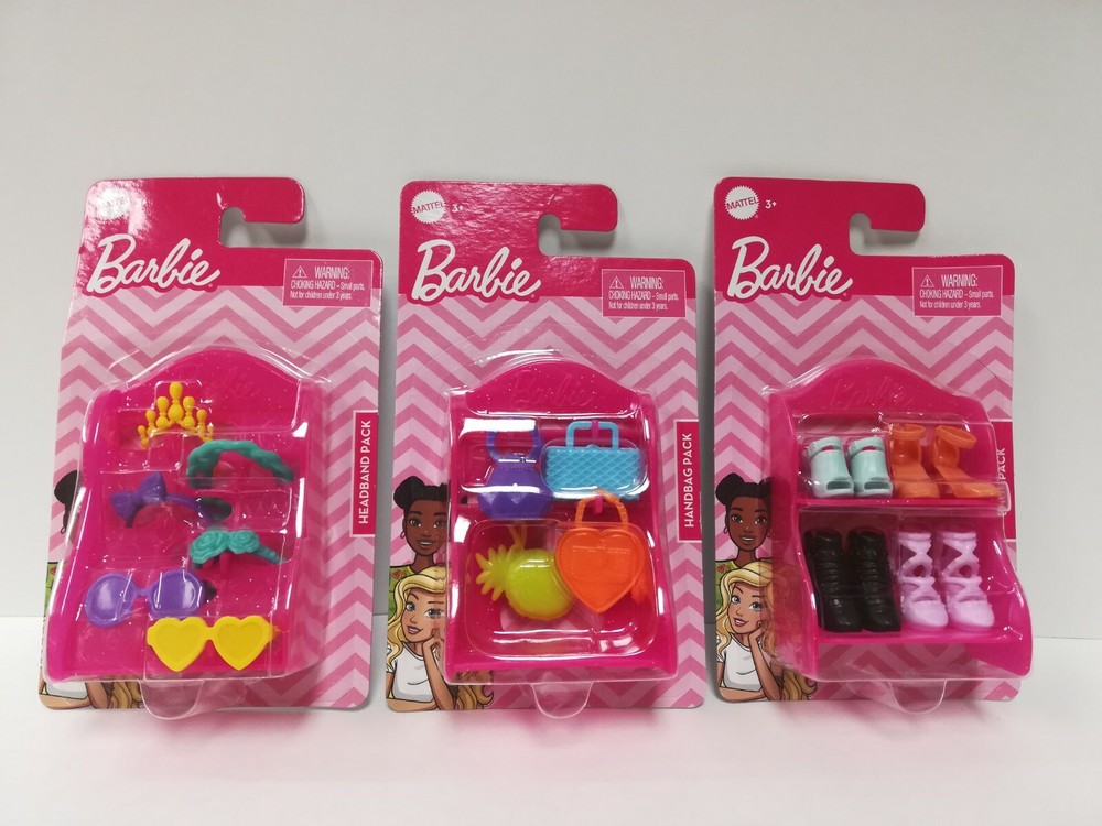 3 pack Barbie accessories:  headband pack, handbag pack & shoe pack
