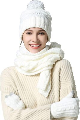 Warm Scarf Glove Hat Beanie Set Cable Knit Winter Gift Pom Cap