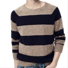J Crew Mens Striped Crewneck Sweater Marled Mole Navy Beige LambsWool Medium