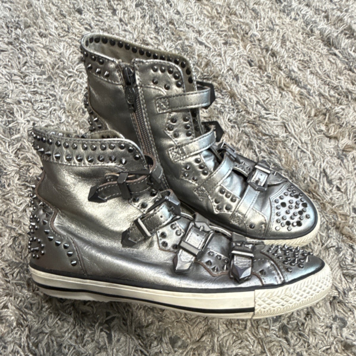 Ash Silver Studded Buckle Women's Athletic Sneakers High Top sz 38