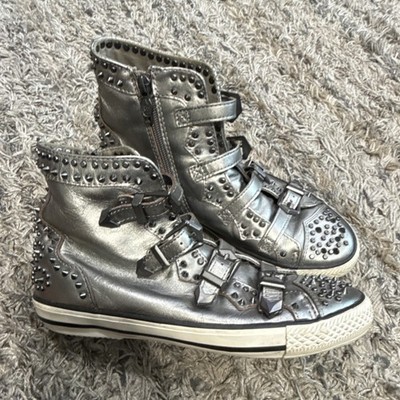 Ash Silver Studded Buckle Women's Athletic Sneakers High Top sz 38