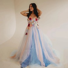 Elegant Off Shoulder Beaded Flower Formal Prom Dress A-line Tulle Backless Gowns