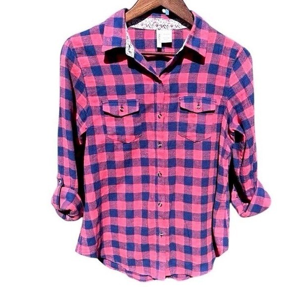 Flannel Button Down Women Large Pink Navy Blue Excellent Roll Tab Plaid