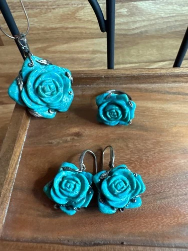 Vintage Designer Sally C. Sterling Silver & Carved Floral Turquoise Jewelry Set