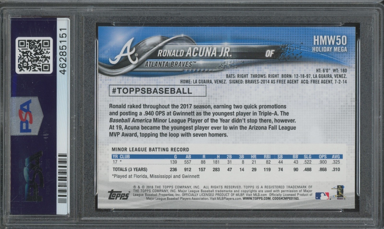 2018 Topps Holiday #50 Ronald Acuna Jr. RC Rookie Gem Mint PSA 10 view 2