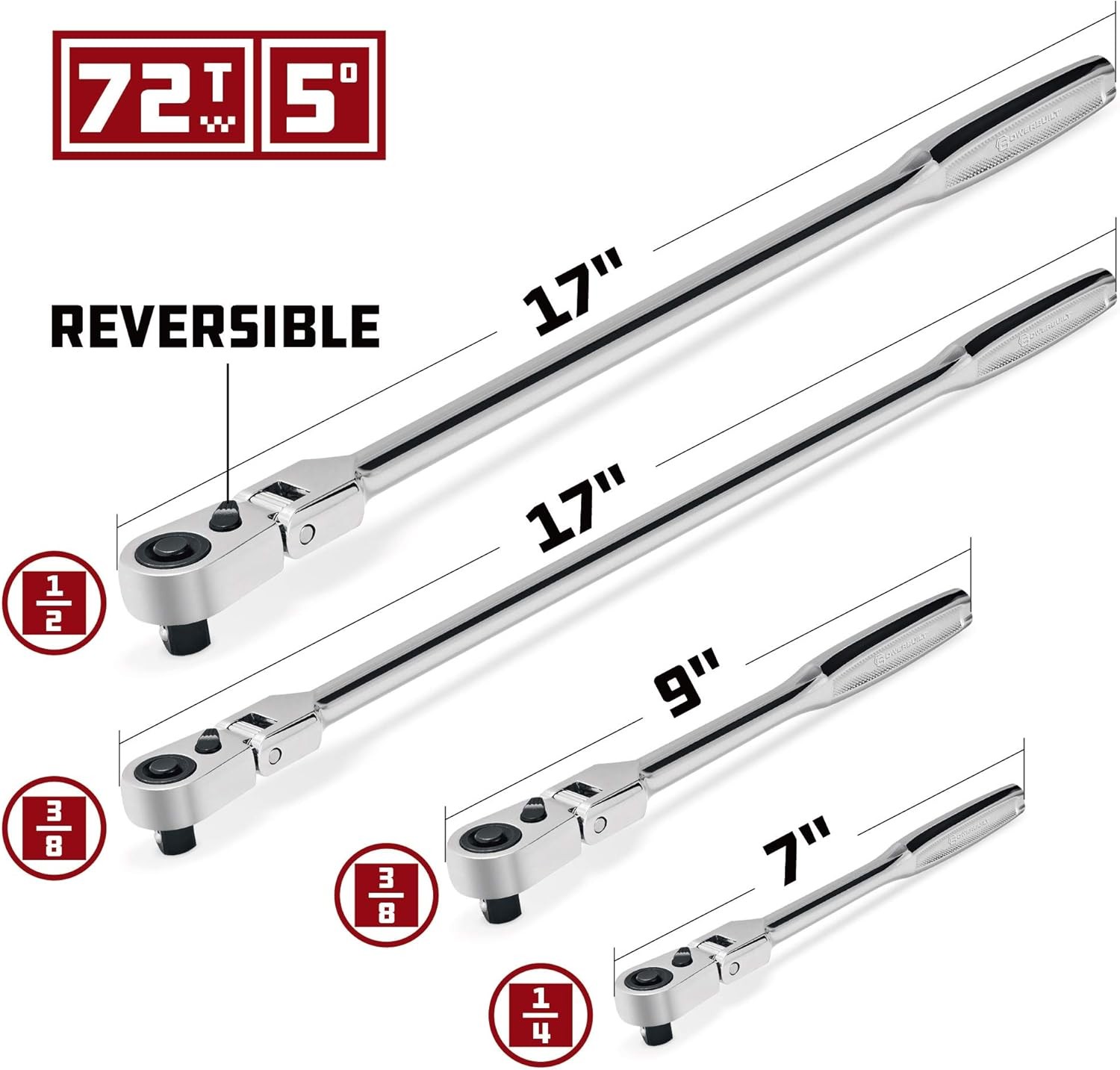 4 Piece 72 Tooth Pro Tech Long Reach Flex Head Ratchet Set with Contour Handles