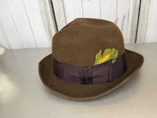 Vintage DOBBS New York Bishop Fedora Hat Dark Brown Feather Accent Size 7 1/4