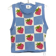 Luna Ivy Strawberry Sweater Vest Girls S Blue Checkerboard Preppy Kawaii Fruit