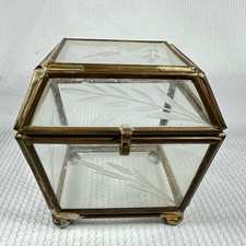 Small vintage glass and brass trinket box with etched leaf pattern