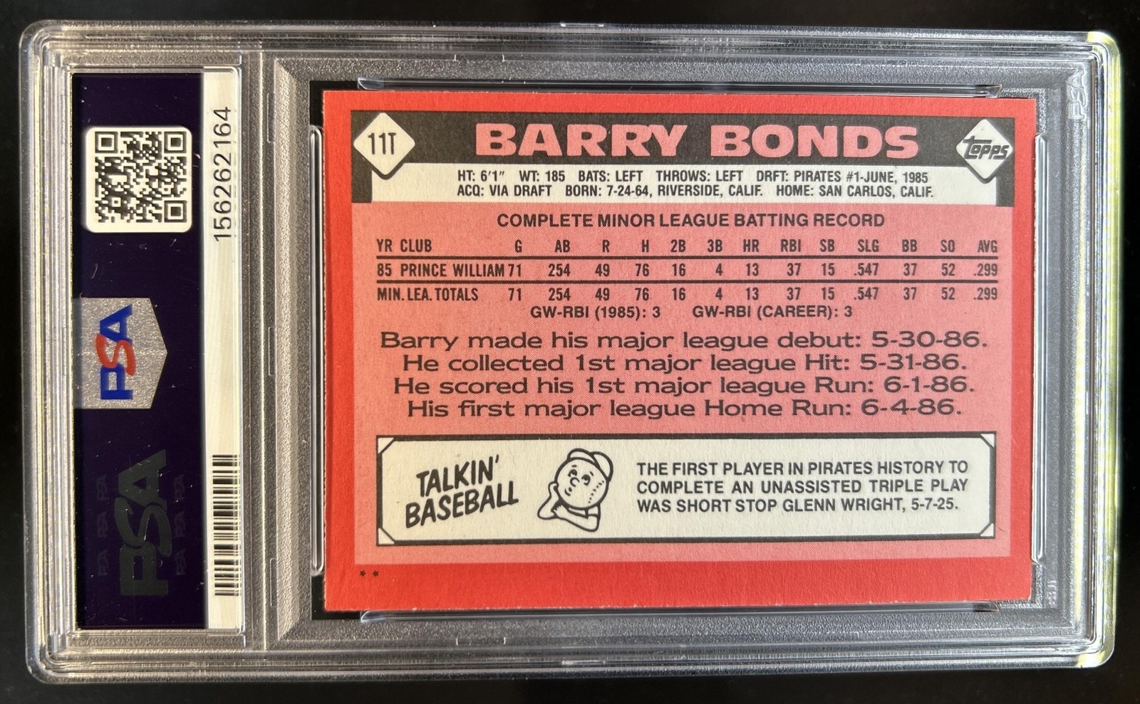 1986 Topps Traded Barry Bonds Rookie RC #11T Pirates PSA 7 view 2