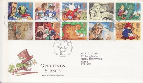GB Stamps First Day Cover Greetings Messages, dragon, rabbit, cat, bear SHS 1994