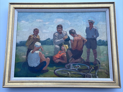 ANTIQUE WPA ERA PAINTING REGIONALISM PORTRAIT BIKE BICYCLE IMPRESSIONIST OIL
