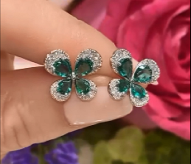 4Ct Pear Simulated Green Emerald/Diamond Flower Stud Earrings14K White Gold Over
