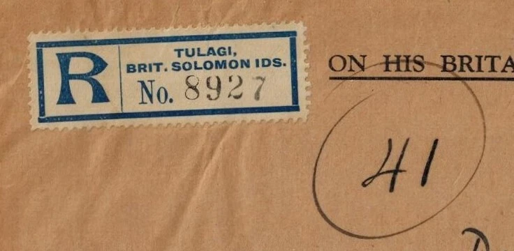 Cubierta BSI 1928 OHMS con carta registrada oficial de Tulagi y sello oficial pagado Foto 4 de 4