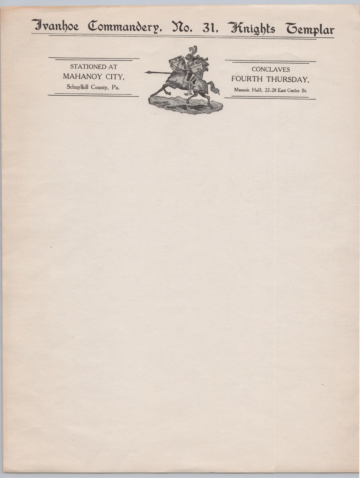 Early Mahanoy City, Pa Ivanhoe Commandery Knights Templar Letterhead No