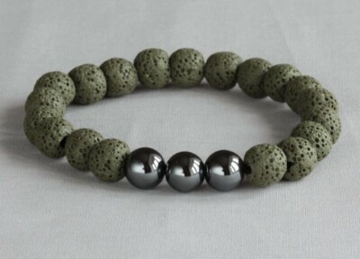 DARK GREEN LAVA ROCK & HEMATITE 10MM ROUNDS BRACELET 6.75'' ~ 17.5CM  