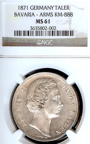 German States Bavaria 1871 Taler Coin Thaler NGC MS 61 VZ/F.STG UNC RIES RARE 