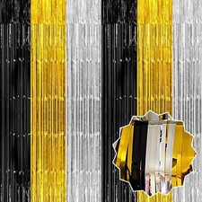 3 Pack Black Gold Silver Foil Fringe Curtains 3.28x6.6Ft Tinsel Party Decor