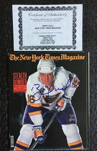 BRETT HULL ST. LOUIS BLUES SIGNED w/CERTIFICATE NEW YORK TIMES MAGAZINE Dec 1991