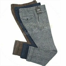 Men Herringbone Tweed Pants Wool Blend Straight Leg Trousers Casual Slim Fit