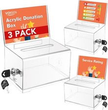 Clear Donation Box with Lock,3 Pack Ballot Box with Sign Holder,Tip Jar for Fund