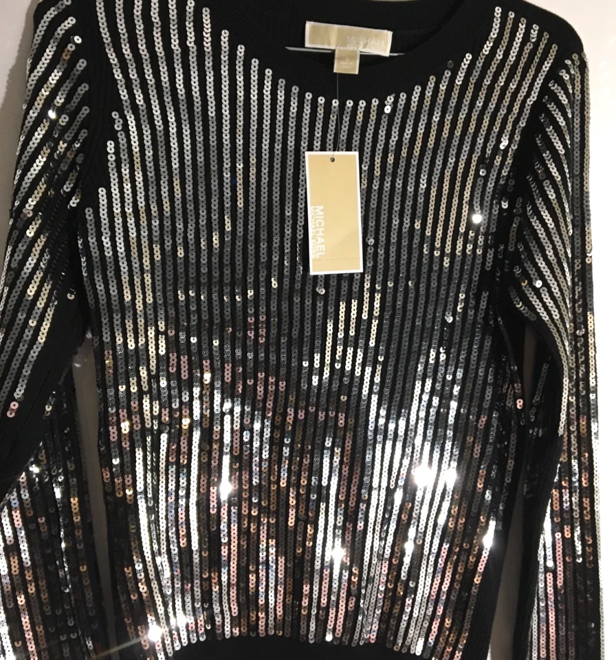 Suéter feminino Michael Kors MK preto malha prata lantejoulas frente tamanho pequeno novo com etiquetas - Imagem 4 de 4