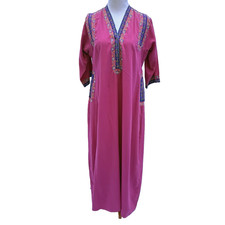Vtg April Cornell Embroidered Kaftan Dress M Burgundy Multicolor Floral Pockets
