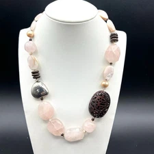 Silpada Pink Rose Quartz Pearl & Wooden Beaded Necklace 925 Sterling Silver 19"