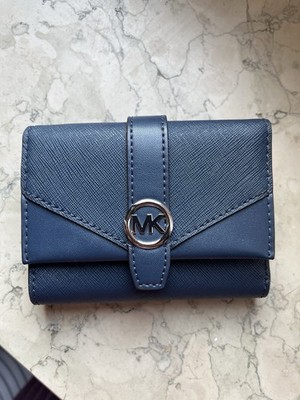 Michael Kors Small Trifold Wallet Navy Blue Saffiano Leather Silver